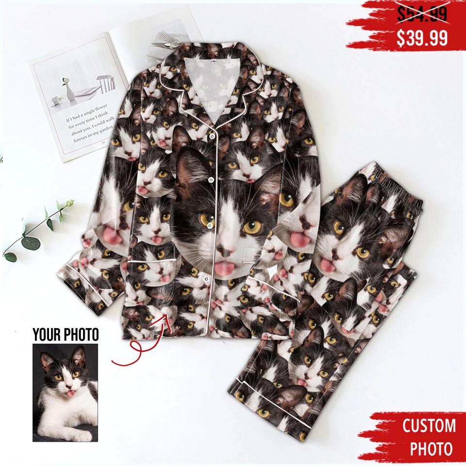 Customized Cat Photo &amp; Text Personalized Cat Shirt - Pet T-shirt custom cat shirts Personalized Upload cat photo Pajama Set