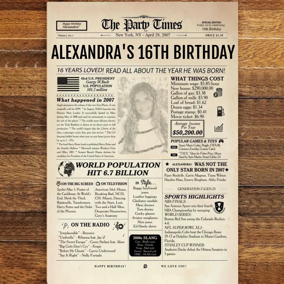 16th Birthday Newspaper Poster Sign, Back In 2007, Sweet 16th Birthday Gift For Him Or Her, Born In 2007, 16th Birthday Party Sign Printable