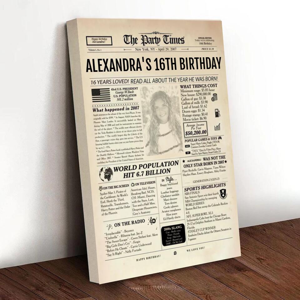 16th Birthday Newspaper Poster Sign, Back In 2007, Sweet 16th Birthday Gift For Him Or Her, Born In 2007, 16th Birthday Party Sign Printable