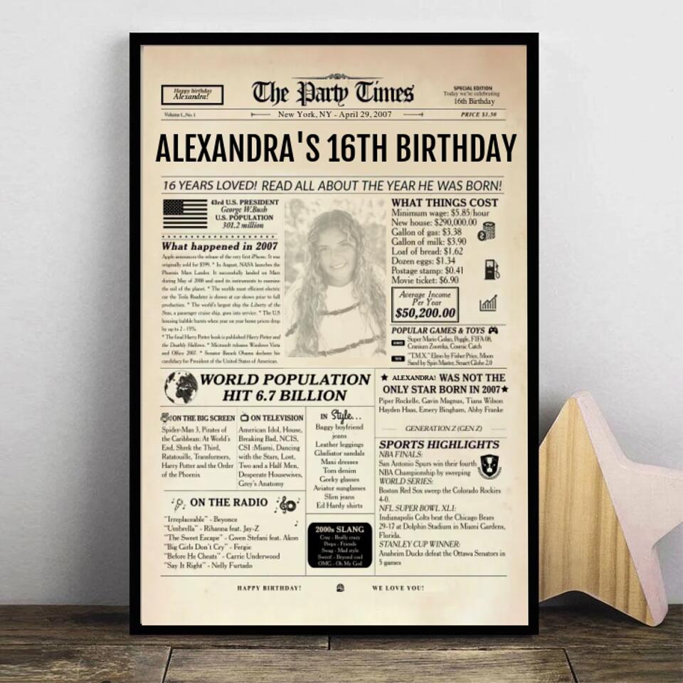 16th Birthday Newspaper Poster Sign, Back In 2007, Sweet 16th Birthday Gift For Him Or Her, Born In 2007, 16th Birthday Party Sign Printable