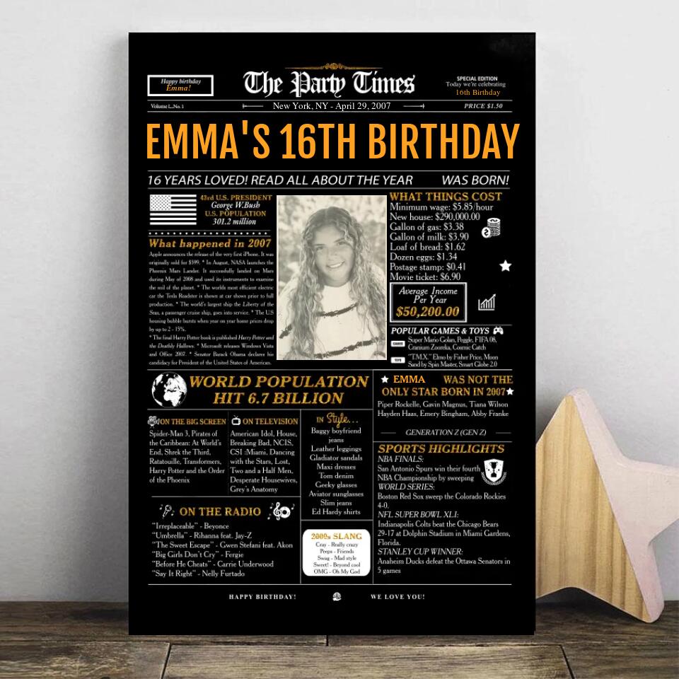 16th Birthday Newspaper Poster Sign, Back In 2007, Sweet 16th Birthday Gift For Him Or Her, Born In 2007, 16th Birthday Party Sign Printable