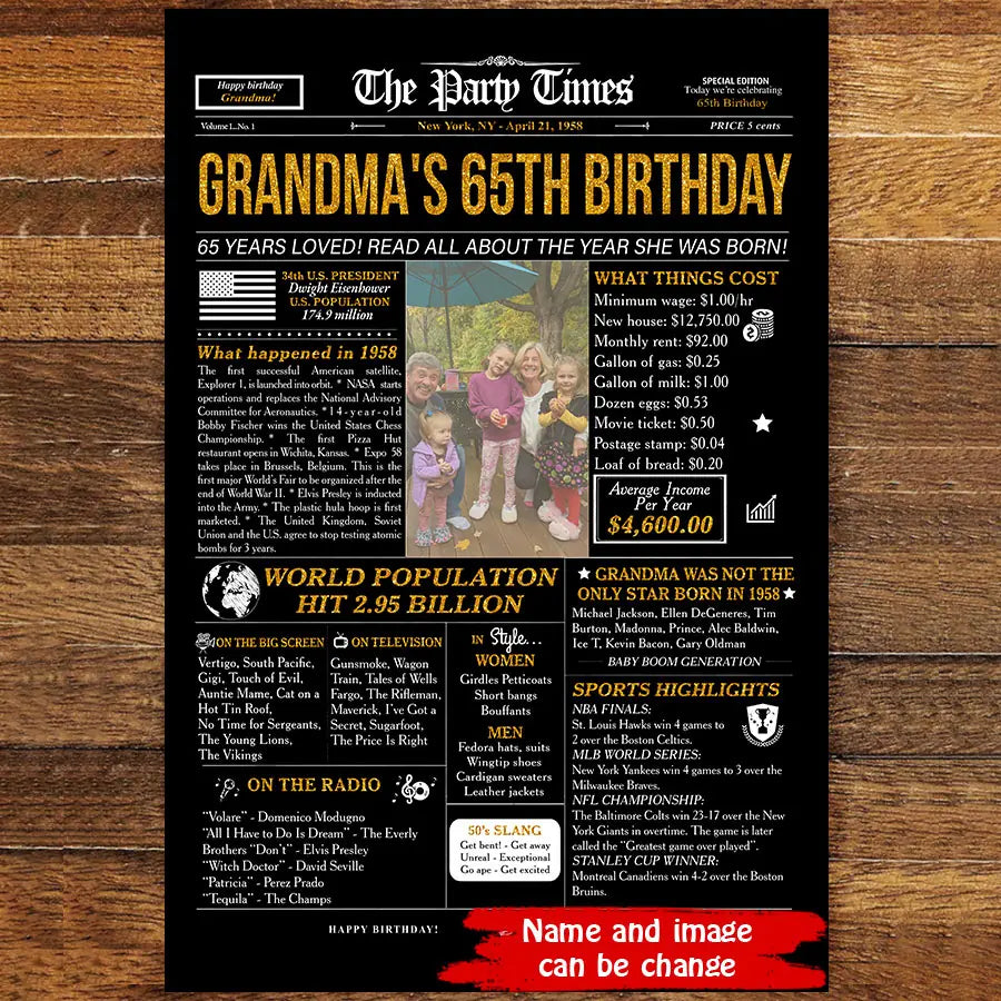 Personalized 65th birthday gift for men or women, 65th birthday newspaper poster, 65th birthday decor Printable, 65 years ago back in 1958