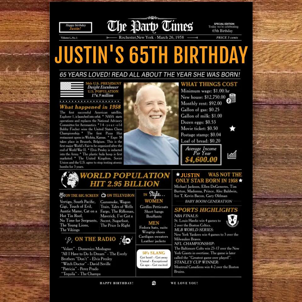 Personalized 65th birthday gift for men or women, 65th birthday newspaper poster, 65th birthday decor Printable, 65 years ago back in 1958