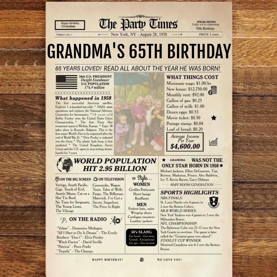 Custom 65th Birthday Gift Ideas Back in 1958 Birthday Newspaper Poster Canvas Turning 65 Birthday Party Decorations