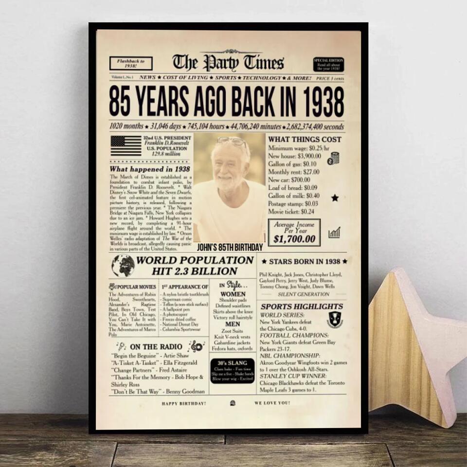 Personalized 85th Birthday Gift 85th Birthday Newspaper Poster Canvas 85th Birthday Decor Printable 85 Years Ago Back In 1938