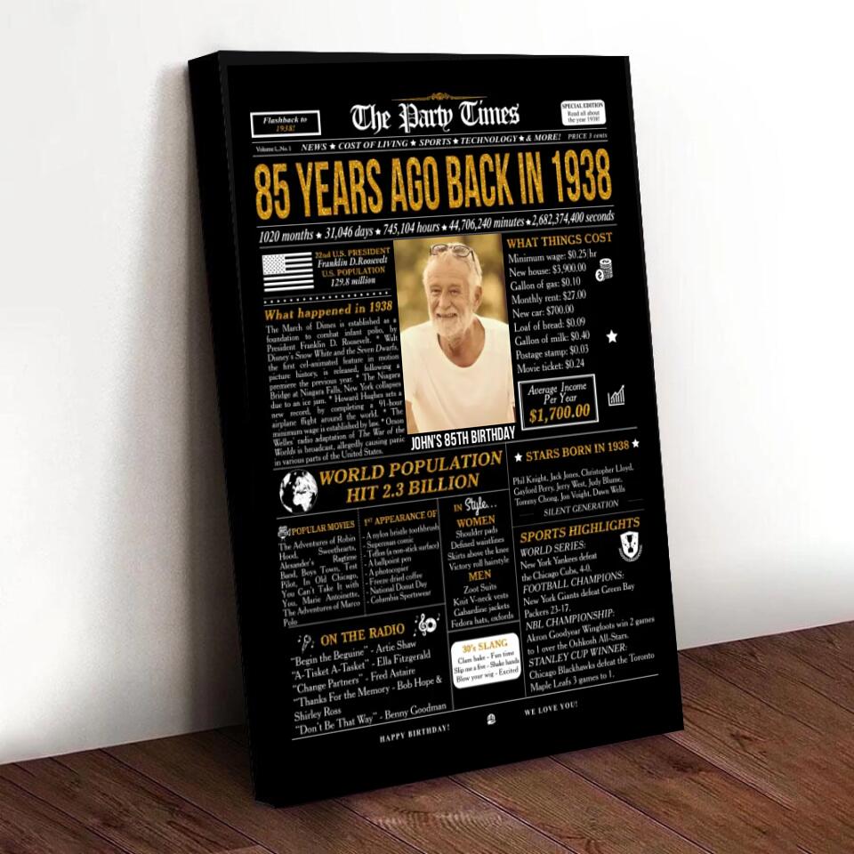 Custom 85th Birthday Gift Ideas Back in 1938 Birthday Newspaper Poster Canvas Turning 85 Birthday Party Decorations