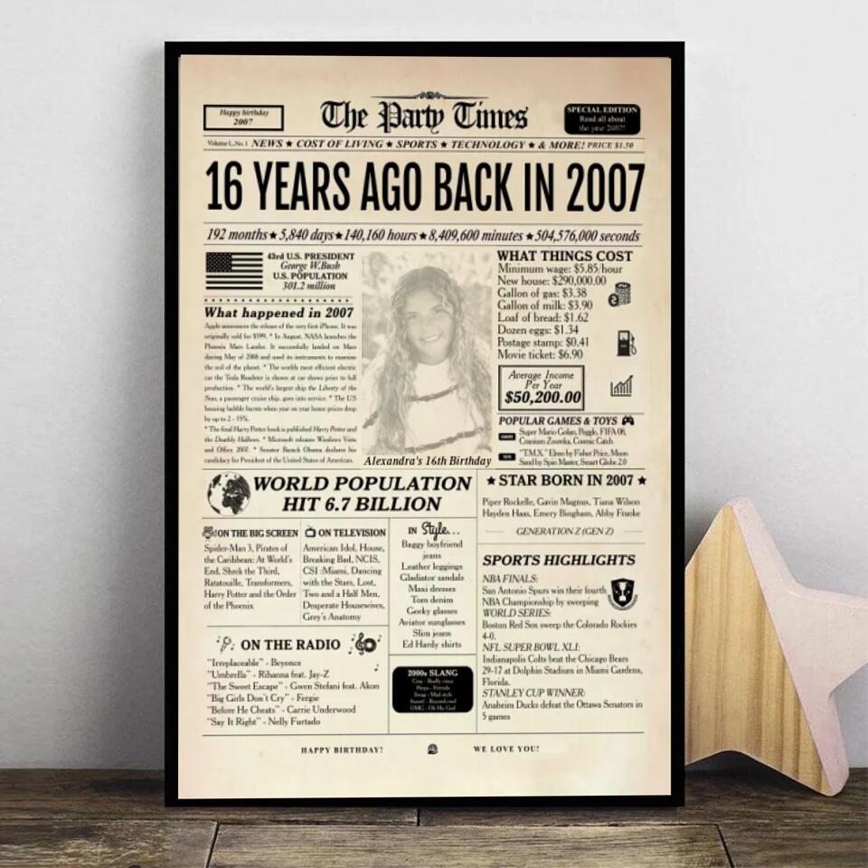 Personalized 16th Birthday Gift 16th Birthday Newspaper Poster Canvas 16th Birthday Decor Printable 16 Years Ago Back In 2007