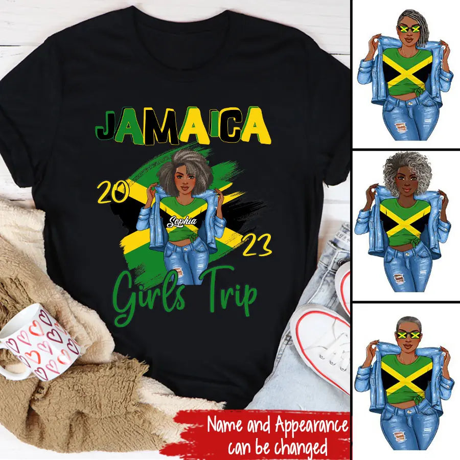 Jamaica Girl Queen Shirt Jamaincan Queen African American Afro Woman Jamaica Flag Gift Jamaica Girls Trip Vacation Travel Matching Lips 2023 T-Shirt