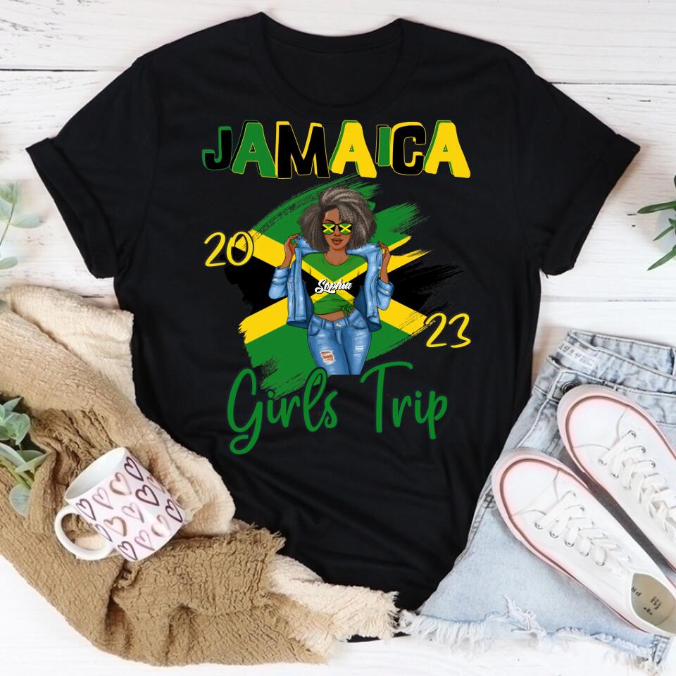 Jamaica Girl Queen Shirt Jamaincan Queen African American Afro Woman Jamaica Flag Gift Jamaica Girls Trip Vacation Travel Matching Lips 2023 T-Shirt