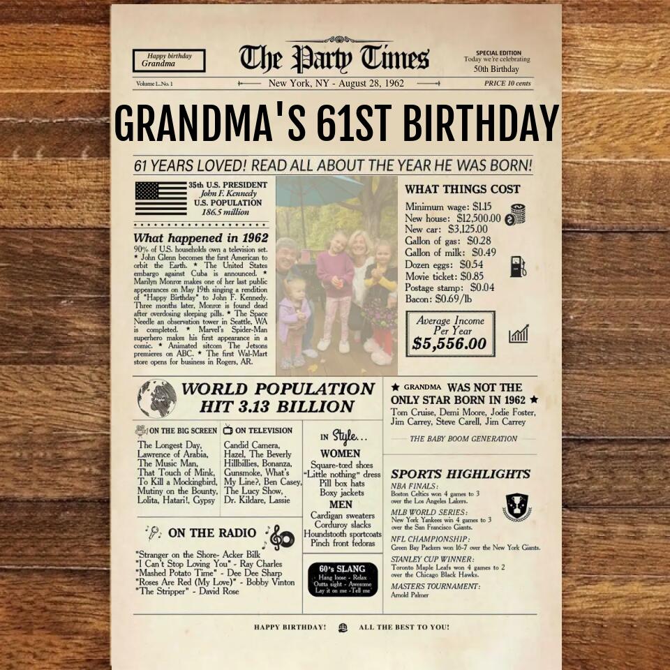 Personalized 61st birthday gift for men or women, 61st birthday newspaper poster, 61st birthday decor Printable, 61 years ago back in 1962