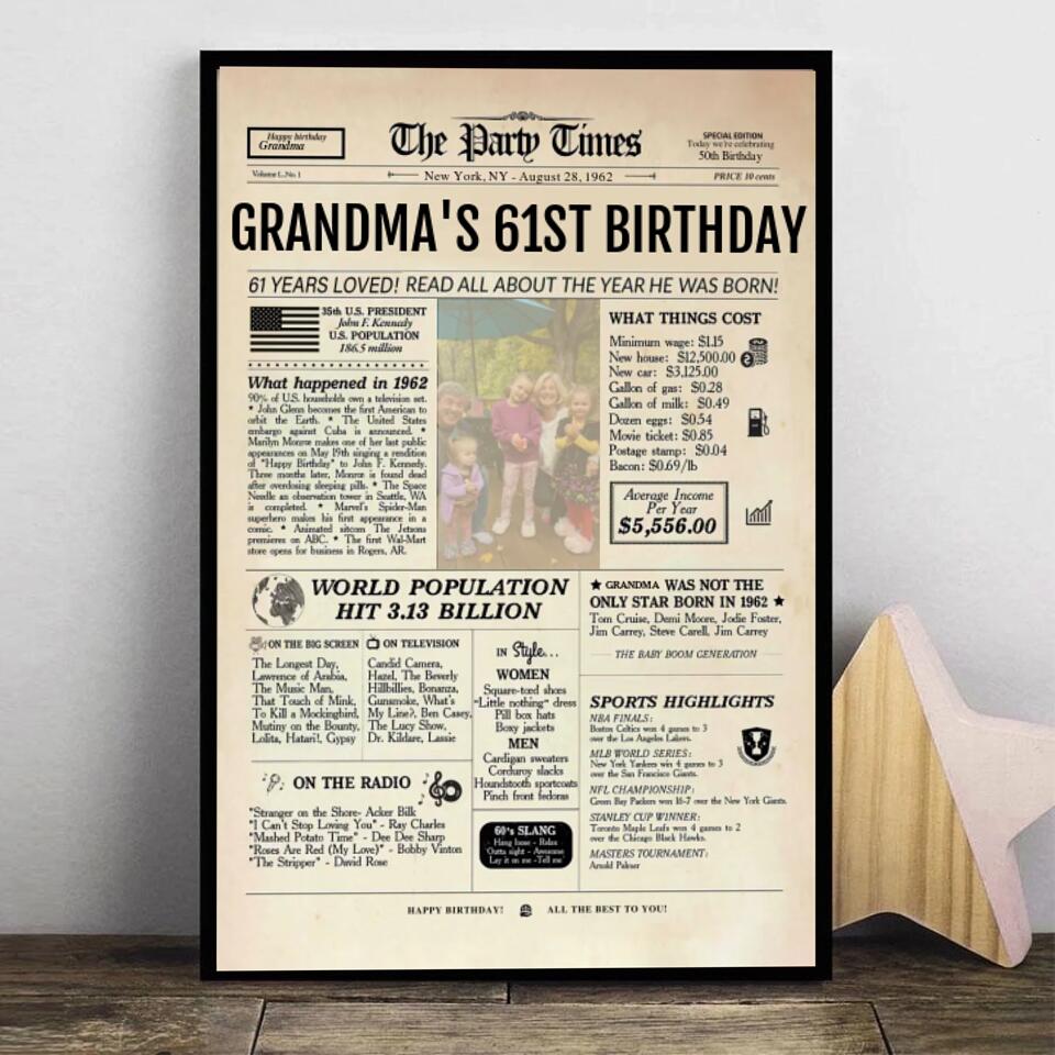 Personalized 61st birthday gift for men or women, 61st birthday newspaper poster, 61st birthday decor Printable, 61 years ago back in 1962