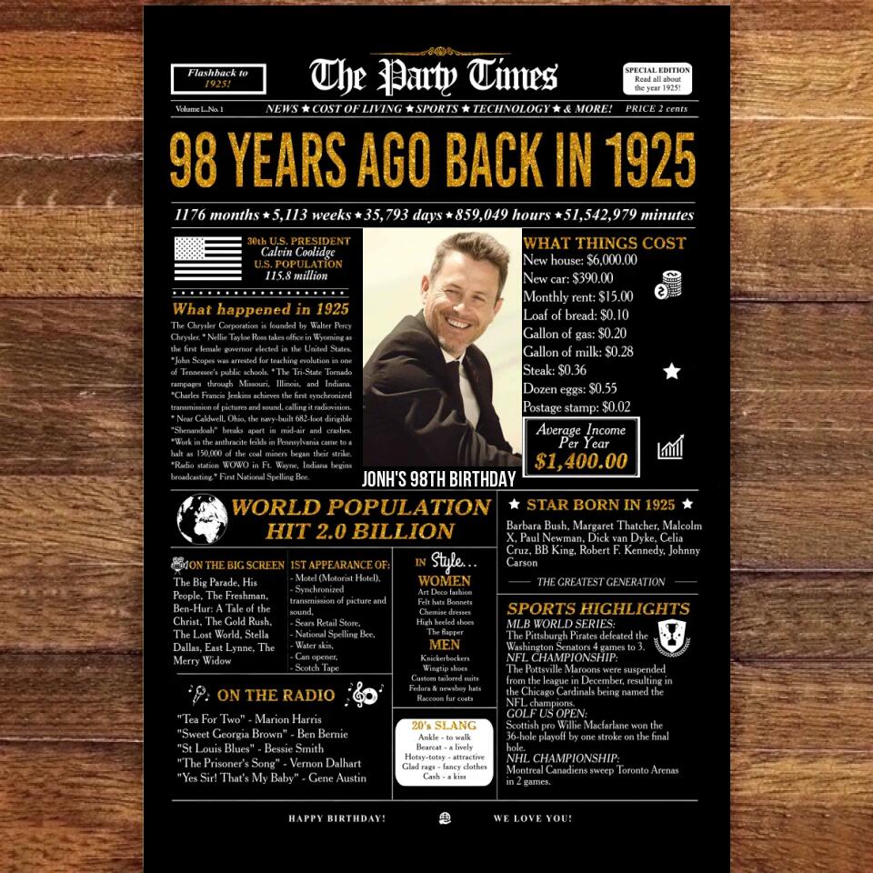 Personalized 98th birthday gift for men or women, 98th birthday newspaper poster, 98th birthday decor Printable, 98 years ago back in 1925