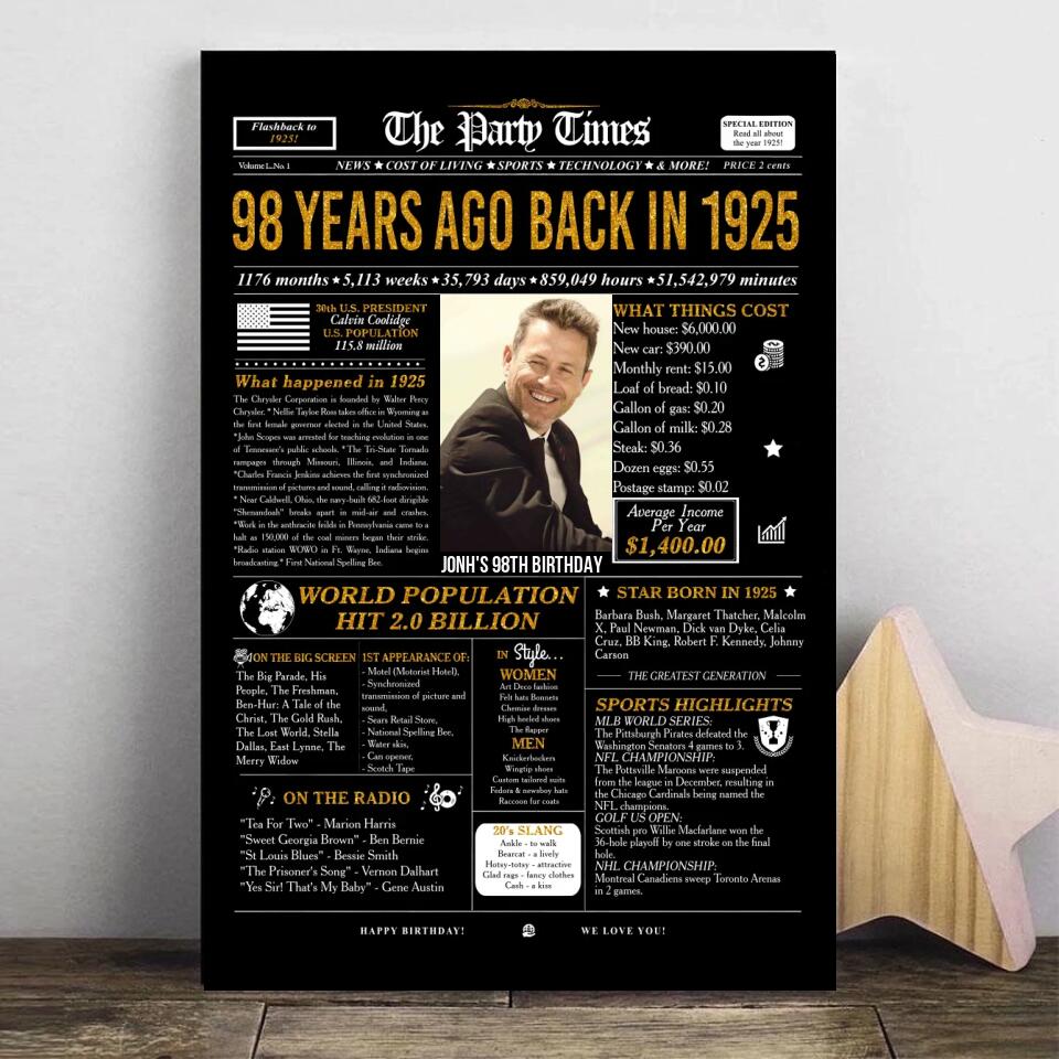 Personalized 98th birthday gift for men or women, 98th birthday newspaper poster, 98th birthday decor Printable, 98 years ago back in 1925