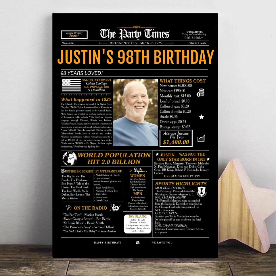 98th birthday gift for men or women, 1925 birthday newspaper poster sign, 98 and Fabulous, 98th birthday party decorations, back in 1925