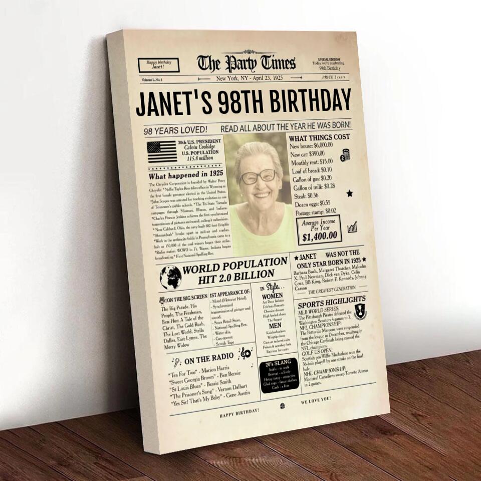 Personalized 98th birthday gift for men or women, 98th birthday newspaper poster, 98th birthday decor Printable, 98 years ago back in 1925