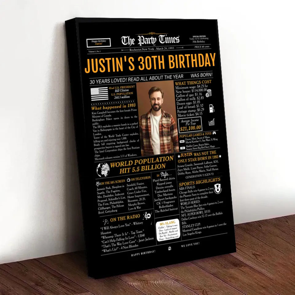 Custom 30th Birthday Gift Ideas Back in 1993 Birthday Newspaper Poster Canvas Turning 30 Birthday Party Decorations