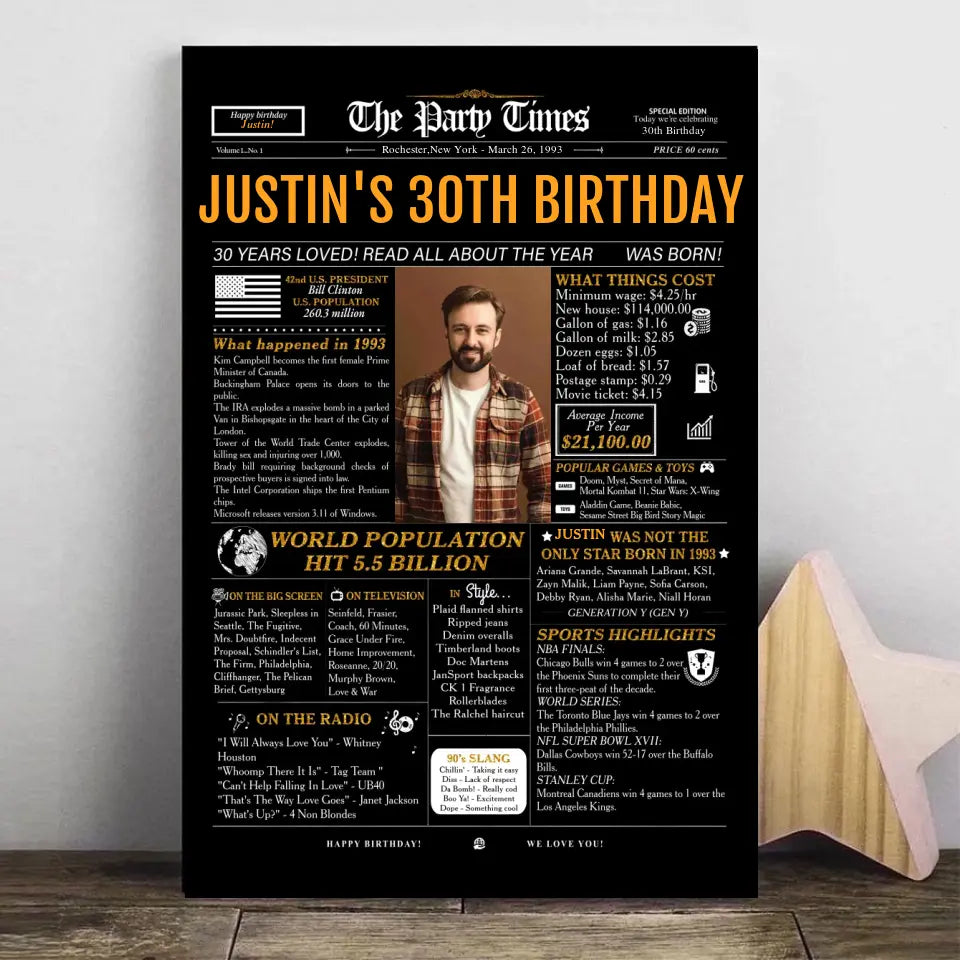 Custom 30th Birthday Gift Ideas Back in 1993 Birthday Newspaper Poster Canvas Turning 30 Birthday Party Decorations