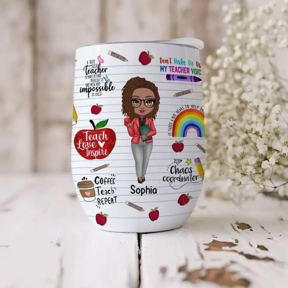 Personalized Wine Tumbler - Gift For Teacher - Cartoon Teacher - Teacher Mode Tumbler, Funny Teacher Wine Tumbler, Teacher Life