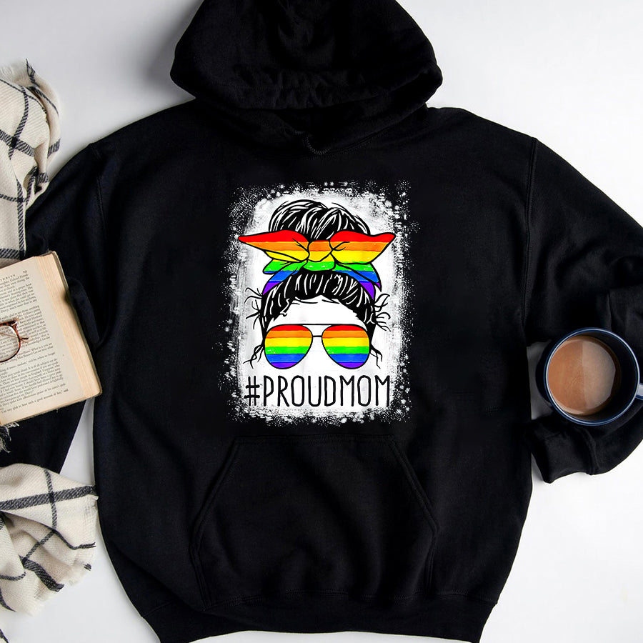 LGBT Shirts, Rainbow Pride Shirt, Proud Mom Messy Hair Bun LGBTQ Rainbow Flag LGBT Pride Ally T-Shirt