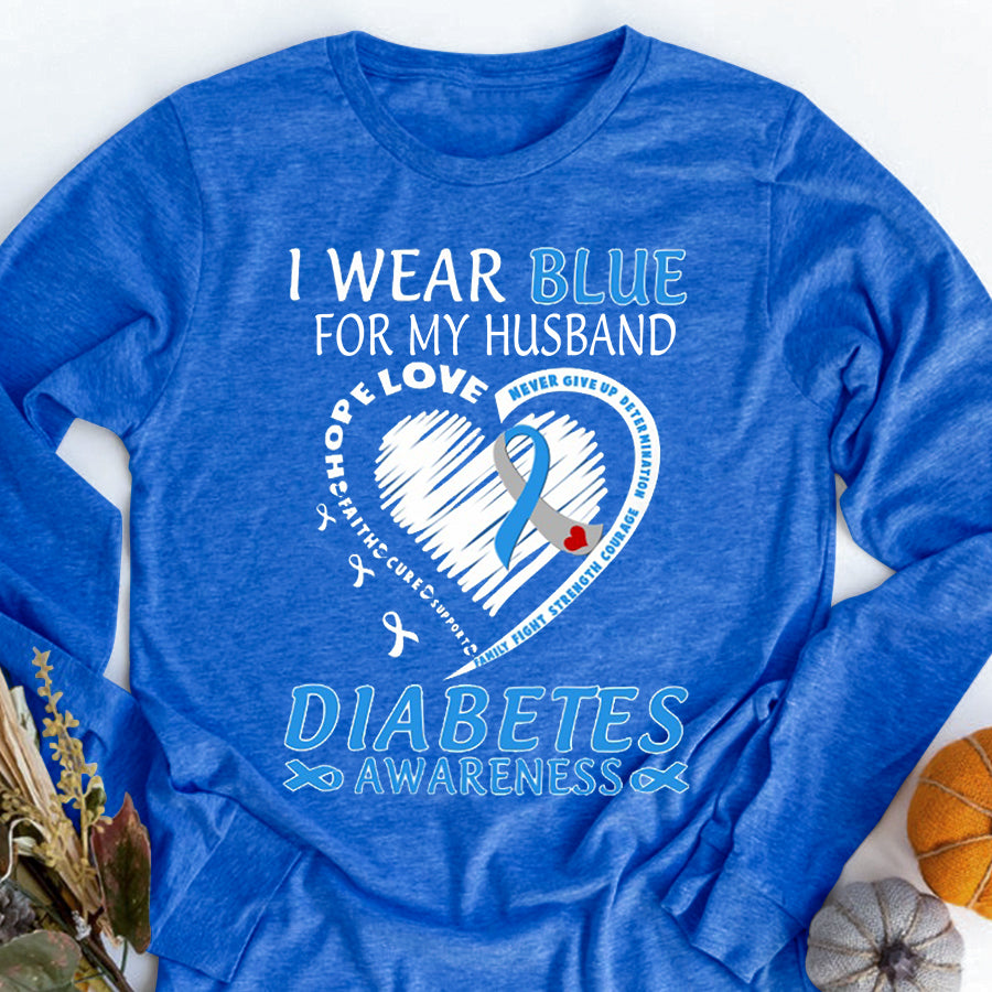 I Wear Blue For My Husband T Shirt , T1D Diabetes Awareness Gift, World Diabetes Day, Blue Ribbon