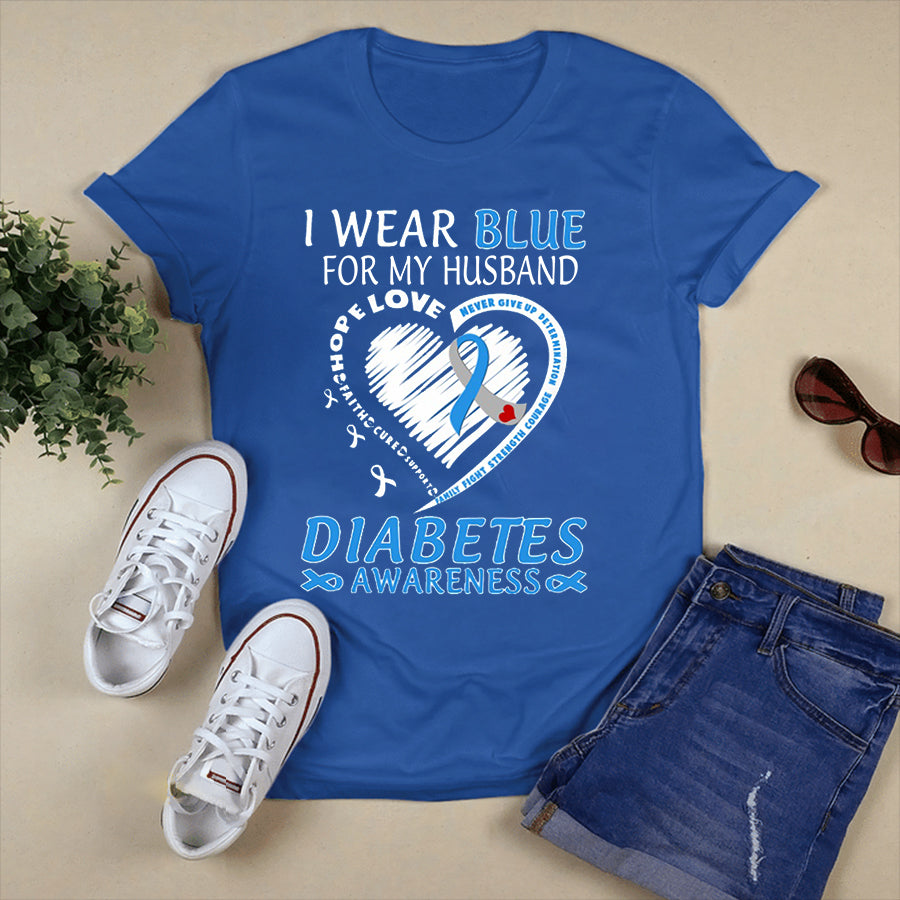I Wear Blue For My Husband T Shirt , T1D Diabetes Awareness Gift, World Diabetes Day, Blue Ribbon