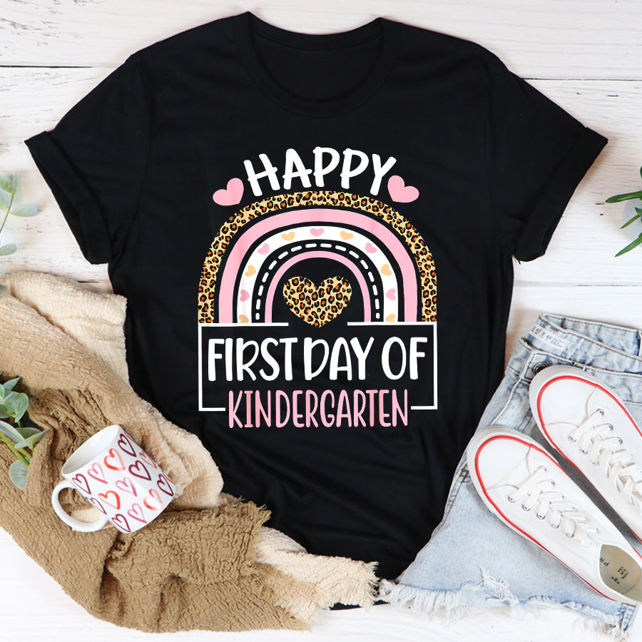 Happy First Day Shirts First Day of Kindergarten Funny Back To School Leopard Teach T-Shirt
