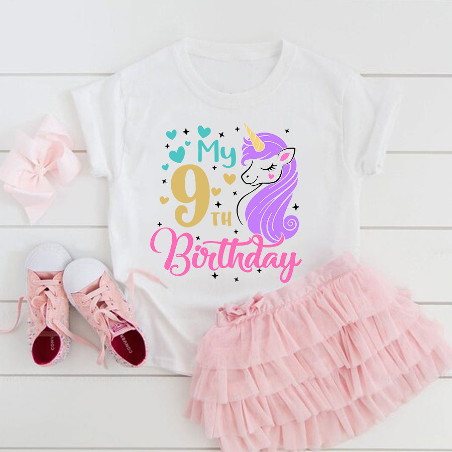 9th Birthday Shirt, Girl, 9th Birthday Shirt Ideas, Unicorn Birthday Shirt, Shirts For 9 Year Olds, Cute Birthday Shirt Ideas, Best T Shirts 2021, Baby Shirt