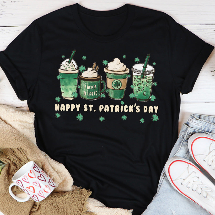 St. Patrick&#39;s coffee Shirts, Lucky latte lover iced cute funny gifts, Shamrock Shirt, Saint Patricks Day Shirt