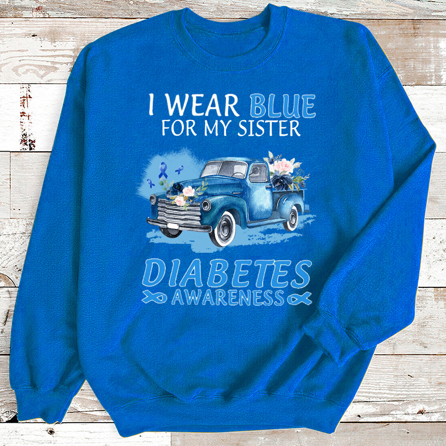 Truck Car I Wear Blue For My Sister T Shirt , T1D Diabetes Awareness Gift, World Diabetes Day, Blue Ribbon