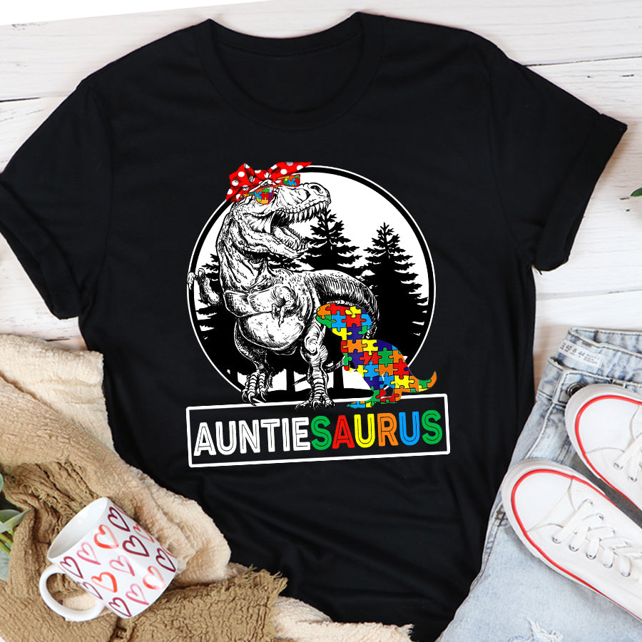 Auntiesaurus T rex Dinosaur Aunt Saurus Mother&#39;s Family T-Shirt Aunt Autism Awareness Shirt For Women