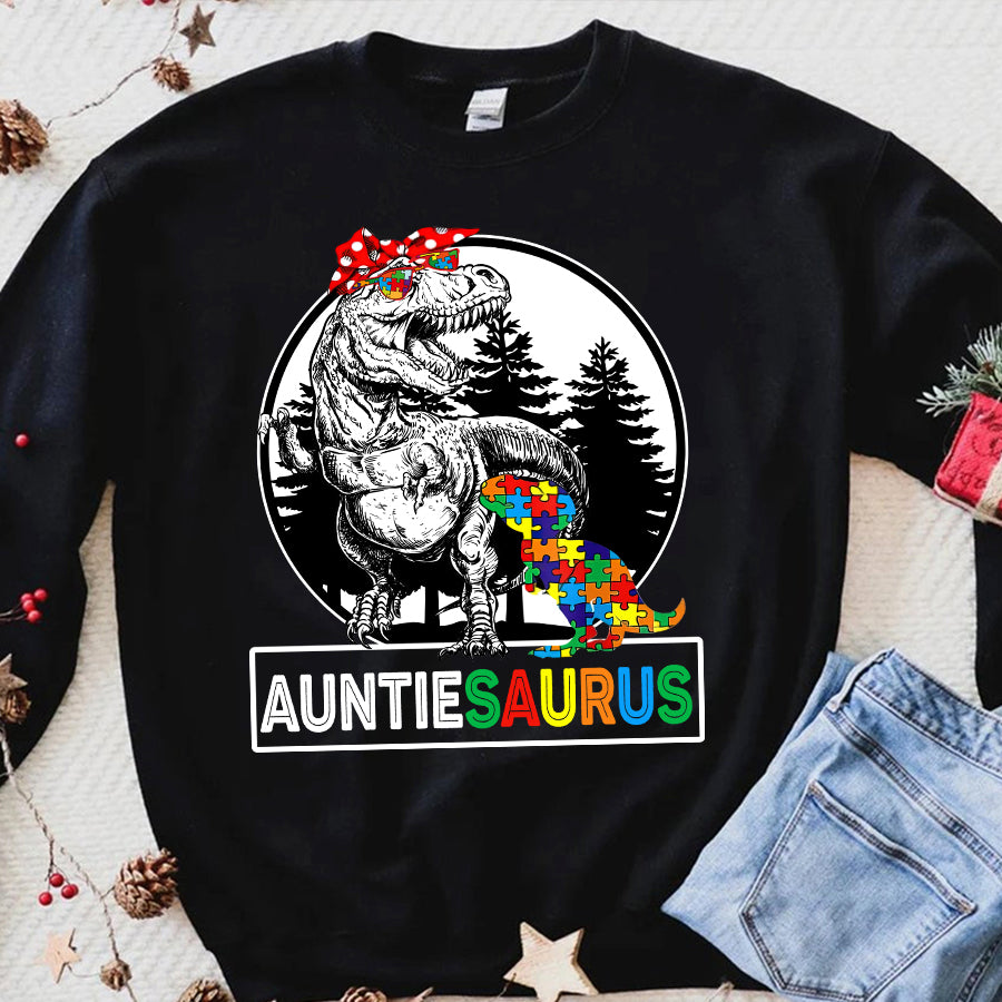 Auntiesaurus T rex Dinosaur Aunt Saurus Mother&#39;s Family T-Shirt Aunt Autism Awareness Shirt For Women