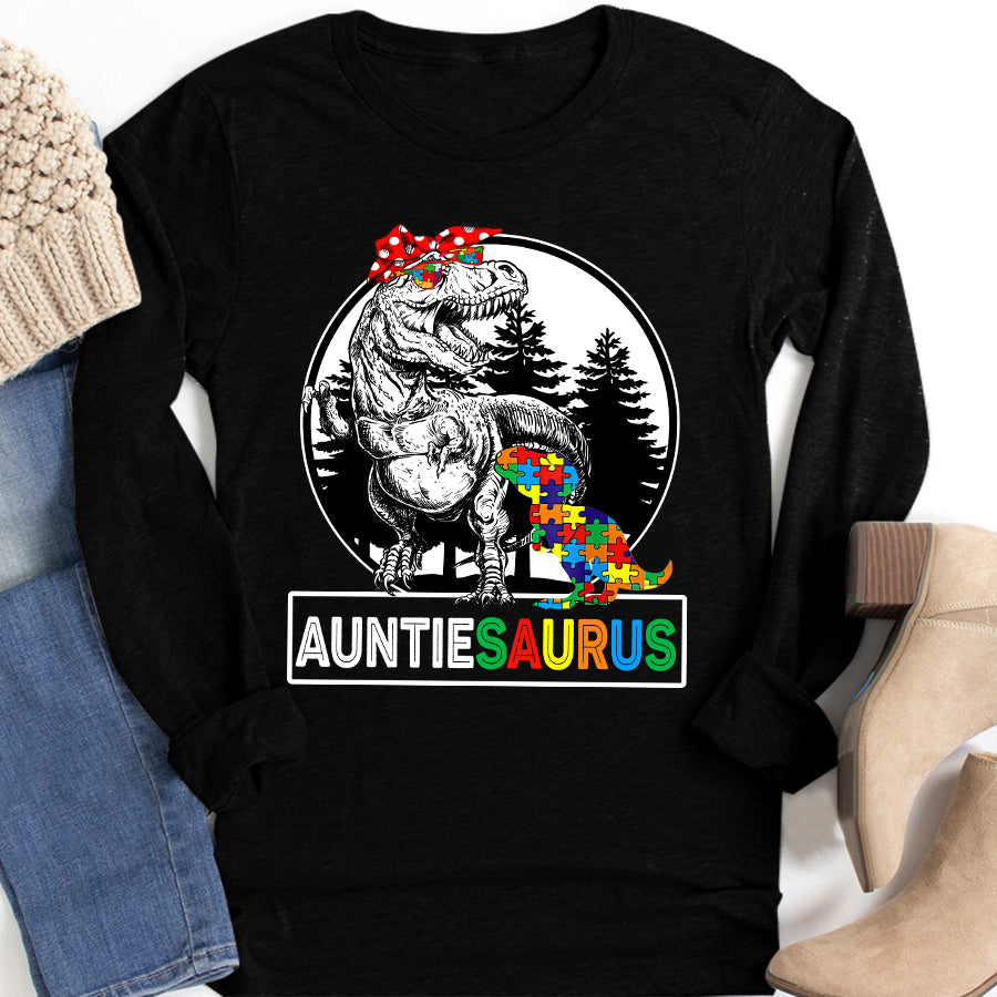 Auntiesaurus T rex Dinosaur Aunt Saurus Mother&#39;s Family T-Shirt Aunt Autism Awareness Shirt For Women