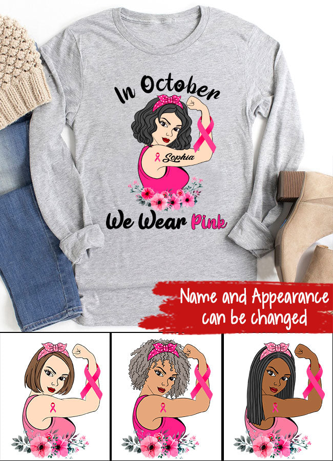 Custom Breast Cancer Shirts Personalized Breast Cancer Survivor Shirt In October We Wear Pink Breast Cancer Awareness T-Shirt