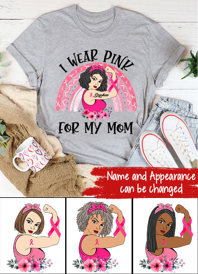 Custom Breast Cancer Shirts Personalized Breast Cancer Survivor Shirt I Wear Pink for My Mom Breast Cancer Awareness T-Shirt