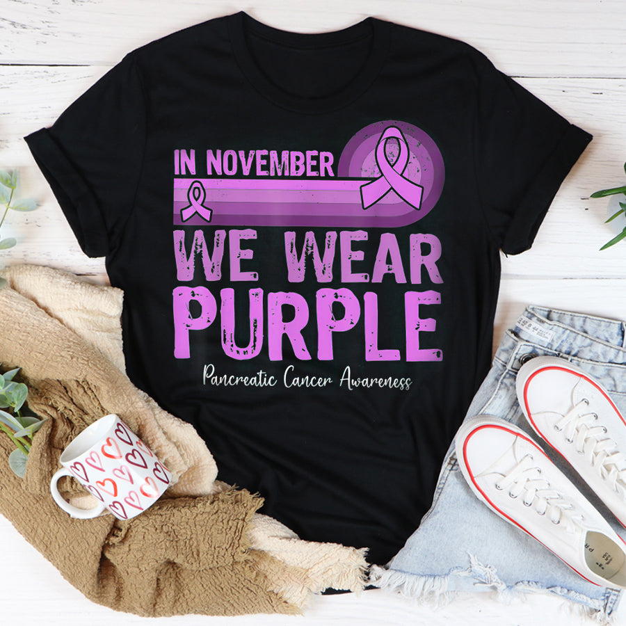 In November We Wear Purple Pancreatic Cancer Awareness T Shirt , Pancreatic Cancer Awareness Ribbon Day Shirt ,Purple Ribbon Gift