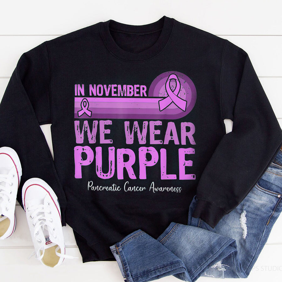 In November We Wear Purple Pancreatic Cancer Awareness T Shirt , Pancreatic Cancer Awareness Ribbon Day Shirt ,Purple Ribbon Gift