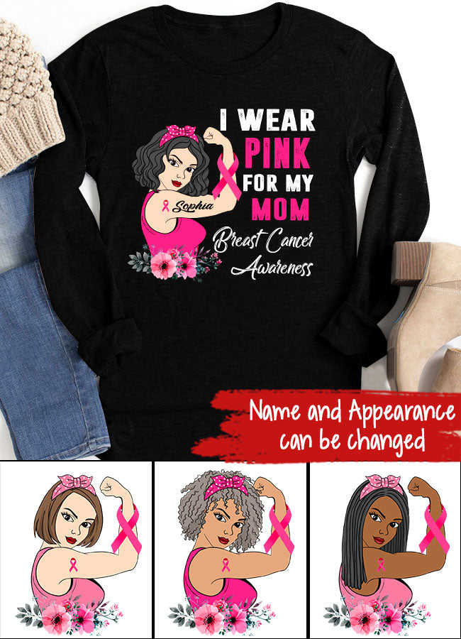 Personalized Breast Cancer Survivor Shirt I Wear Pink for My Mom Breast Cancer Awareness Pink Ribbon T-Shirt