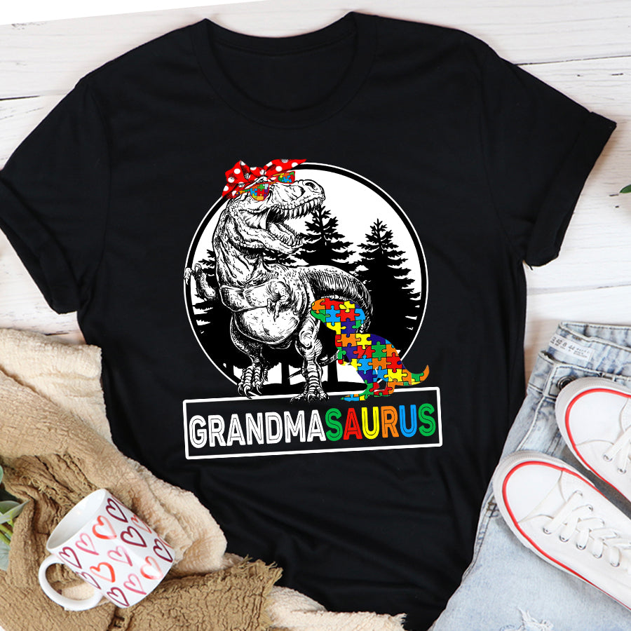 Grandmasaurus T rex Dinosaur Grandma Saurus Mother&#39;s Family T-Shirt Grandma Autism Awareness Shirt For Women