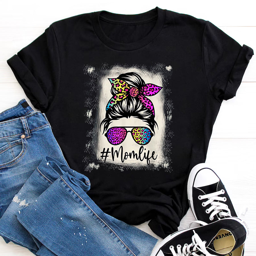 Mom Life Shirt Mom life Bleached Rainbow Leopard Shirt Mama Mother T-Shirt Mothers Day Shirts for Women