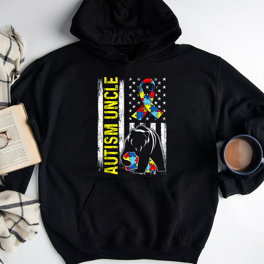 Distressed American Flag Autism Uncle Bear Awareness T-Shirt Autism Awareness Shirt