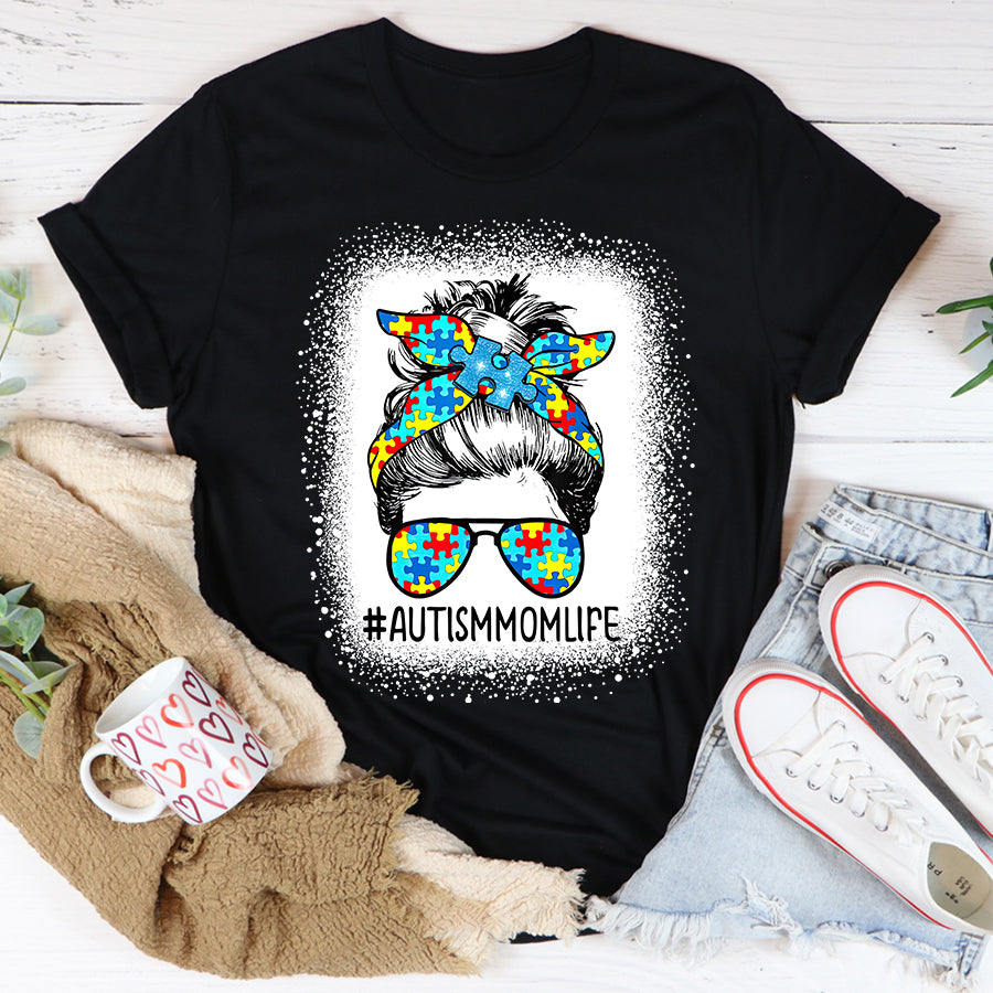 Autism Mom Shirt Autism Awareness Autism Mom Life Messy Hair Bun Mother&#39;s Day T-Shirt Mothers Day Shirts for Women