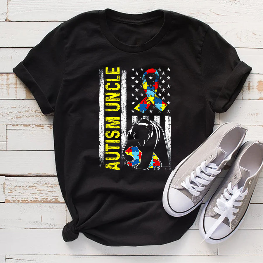 Distressed American Flag Autism Uncle Bear Awareness T-Shirt Autism Awareness Shirt