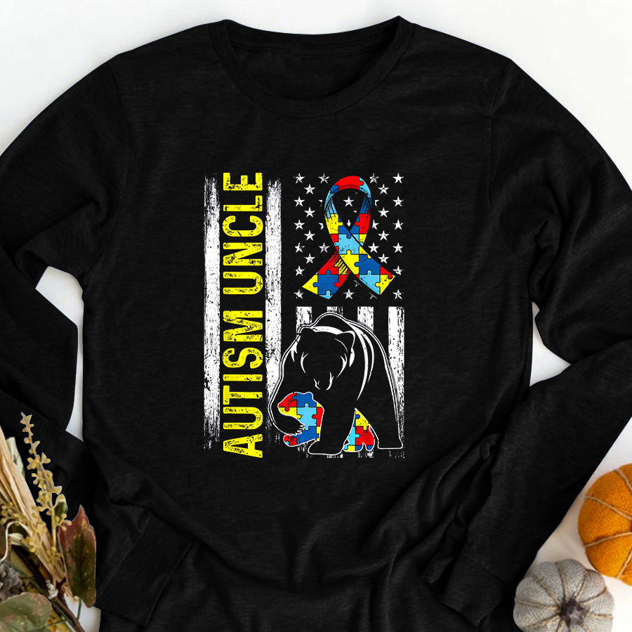 Distressed American Flag Autism Uncle Bear Awareness T-Shirt Autism Awareness Shirt