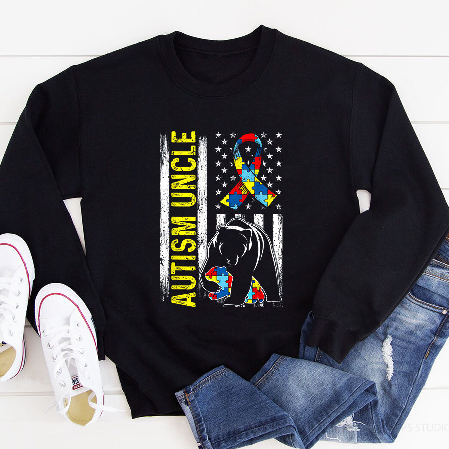 Distressed American Flag Autism Uncle Bear Awareness T-Shirt Autism Awareness Shirt