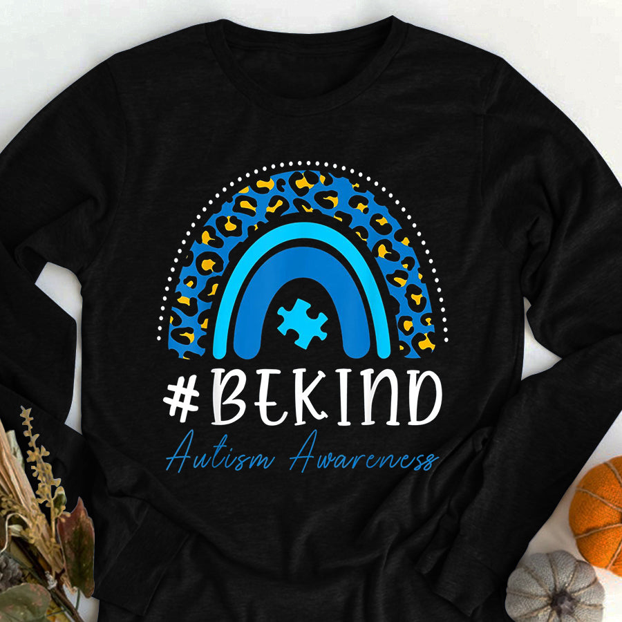Autism Awareness Shirt Be Kind Autism Awareness Women Girls Leopard Rainbow Print T-Shirt Autism Ribbon Shirts
