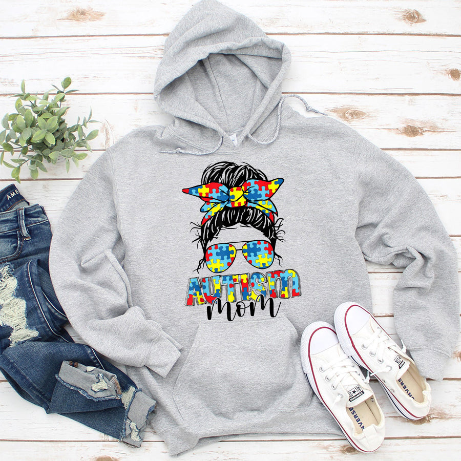 Autism Mom Shirt Autism Mom Life Messy Bun Sunglasses Bandana Mother’s Day T-Shirt Mother Day Shirts