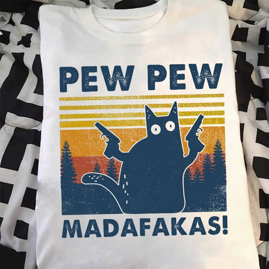 Pew pew MADAFAKAS Cat t shirt, funny cat shirts, Cat Lover Gift, Cool cat unisex cotton t shirt