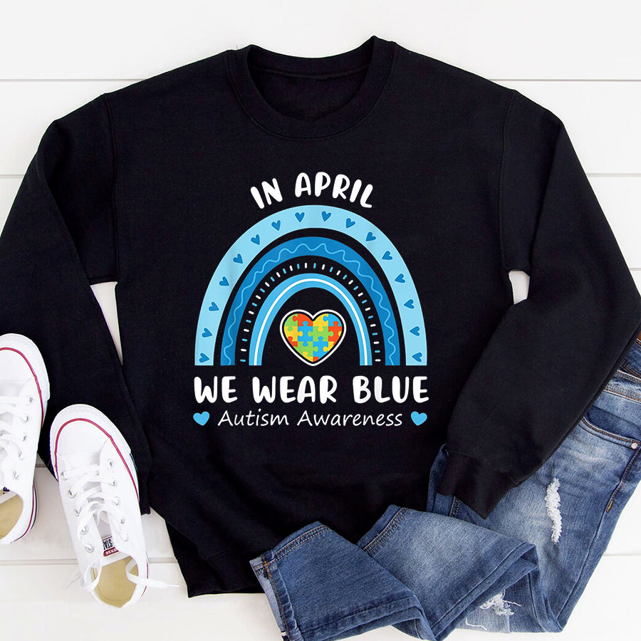 Autism Awareness Shirt In April We Wear Blue Autism Awareness Rainbow Puzzle Love T-Shirt Autism Ribbon Shirts