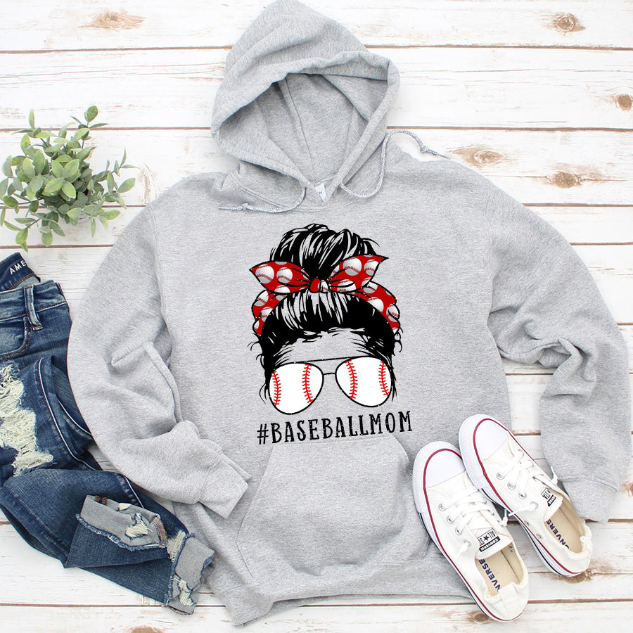 Baseball Mom Shirt Baseball Mom Messy Bun Proud Mama Baseball Scarf Sunshades T-Shirt Mother Day Shirts