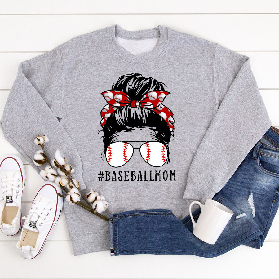 Baseball Mom Shirt Baseball Mom Messy Bun Proud Mama Baseball Scarf Sunshades T-Shirt Mother Day Shirts